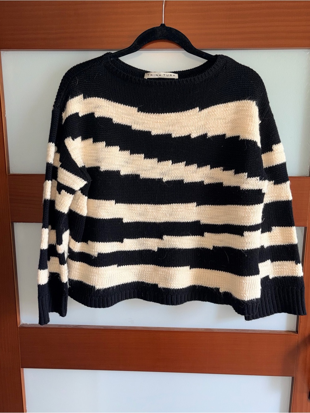 Trina Turk Black and Cream Striped Crewneck Sweater